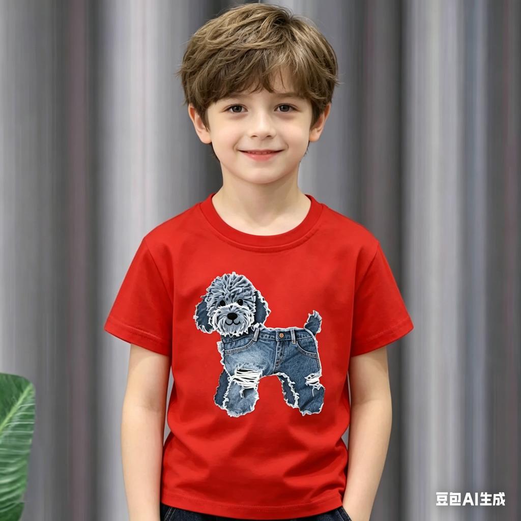 Childrens ShortSleeve TShirts Cartoon cowboy dog Print Casual CrewNeck Kids Wear Clothes Girls Summer polyester fabric