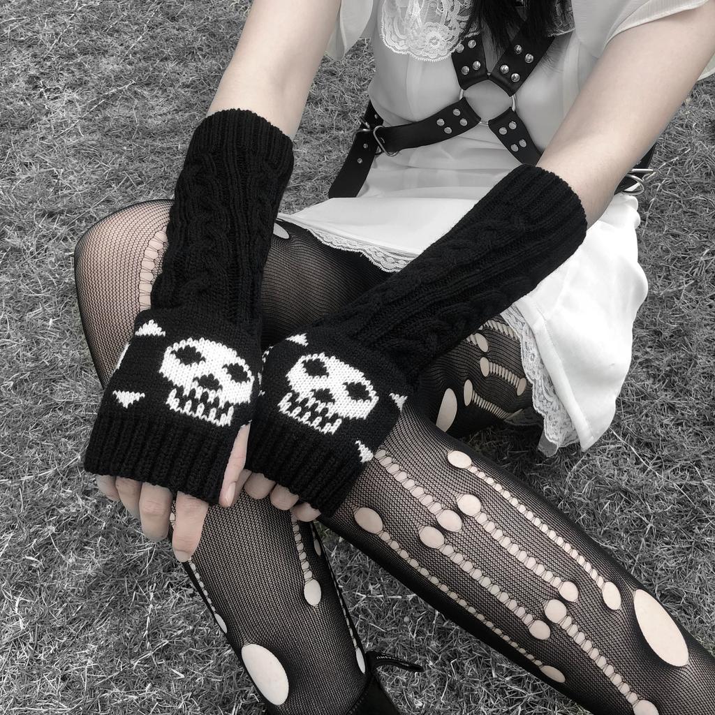 Y2K Punk Harajuku Skelett Gothic schwarze gestrickte plissierte Handschuhe gepaart mit Ärmelstulpen für winterliche Wärme
