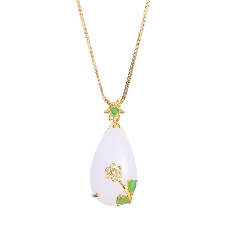 Hetian Jade Water Drop Necklace Women'S Light Luxury Retro Court Style Temperament Inlaid Flower Accessories