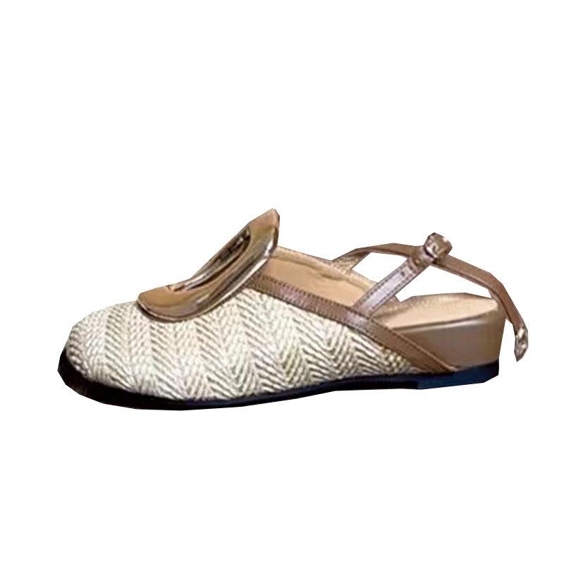 French high-end slope heel woven holiday style bag head sandals women's summer wear 2025 new rear empty half slippers