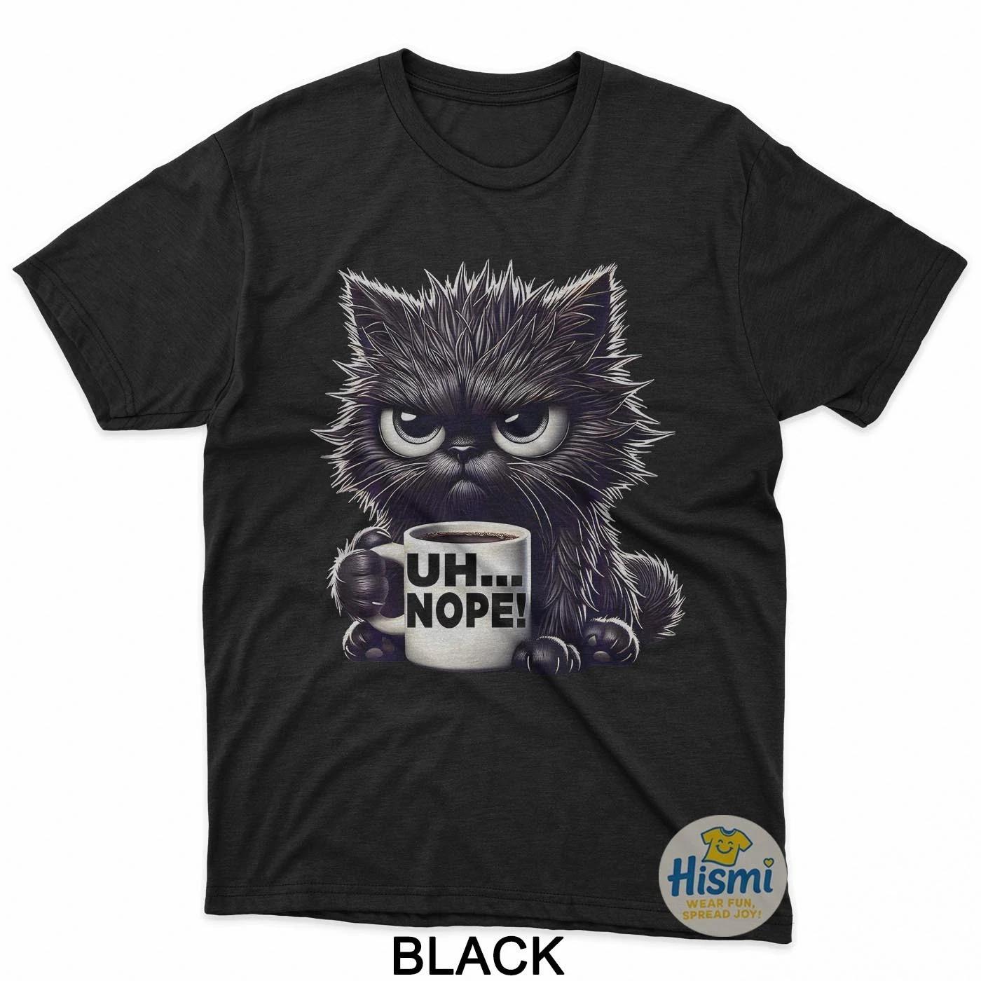 Grumpy Animal Uh Nope Cat Coffee Graphic Tee T-Shirt S