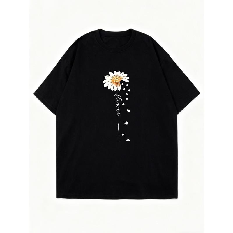 Black Oversized T Shirt With Daisy Flower And Hearts Print For Casual Wear