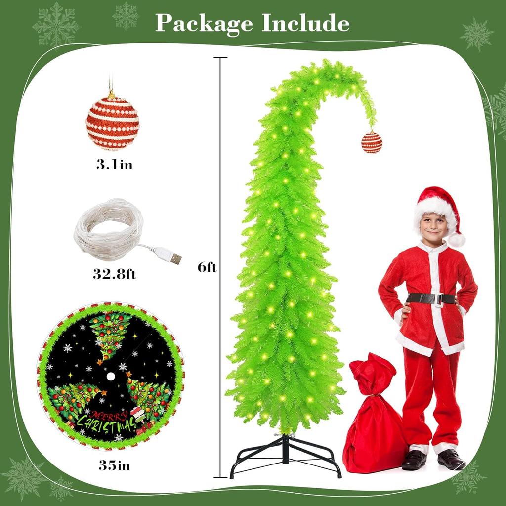 Grinchi 6 Ft Lime Green Artificial Christmas Tree, Bendable Holiday Decor, Easy Assembly