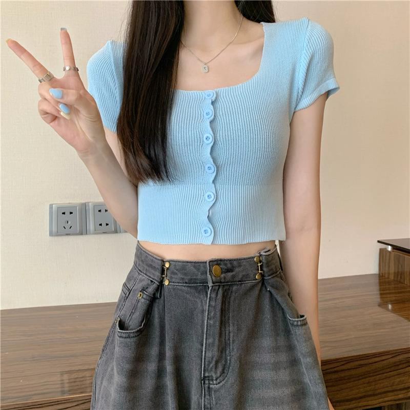 Sommer Neu Süß und Würzig Quadratischer Kragen Einreihig Bauchnabel Kurz Kurzarm Strickware mit T-Shirt Top Damen