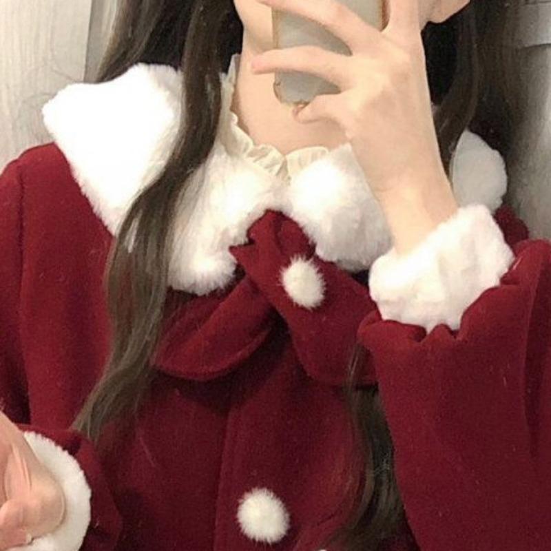 Winter Kawaii Red Wool Coats Women Loose Japanese Sweet Lolita Outwear Jacket Female Korean Style Pockets Warm Bow Overcoat