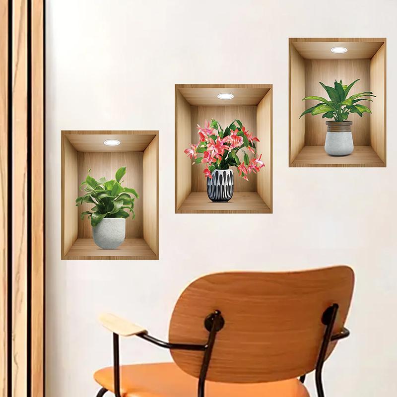 3Pcs Watercolor Realistic Potted Flower Plant Wall Stickers Removable For Bedroom Living Room Nursery Decoration Wall Decals