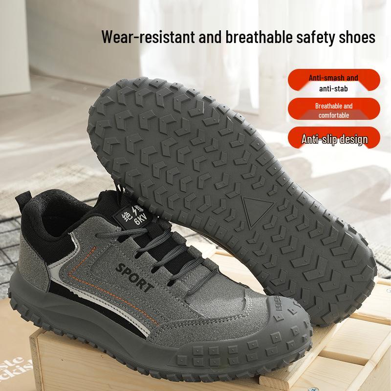 

Men s Protective Cowhide Work Shoes - Anti-Smash, Anti-Puncture, Breathable, Insulated, Lightweight, Anti-Slip Rubber Sole, Electrician-Friendly. Black Grey 39