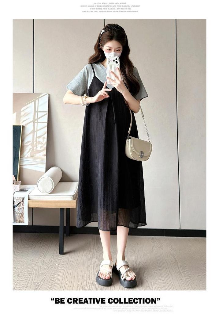 Korean Style Maternity Patchwork T-shirt Dress - Summer 2026, Spicy Mom Belly Covering, Slimming Plus Size, Trendy Two-Piece Look