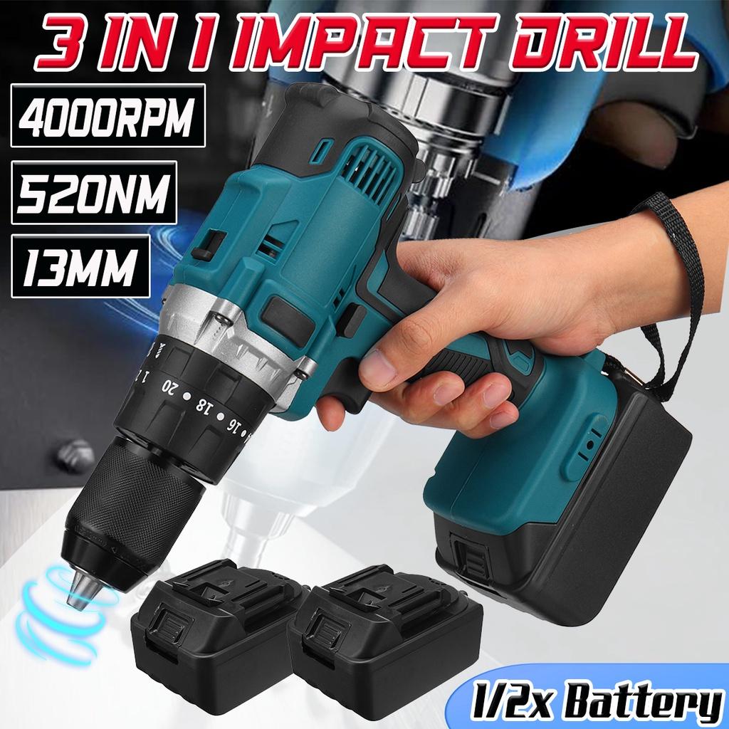 4000 Rpm Blue Brushless Electric Hammer Drill Electric Screwdriver 13mm 520N.m 20+3 Torque Cordless Impact Drill for -18V Battery 3-in-1
