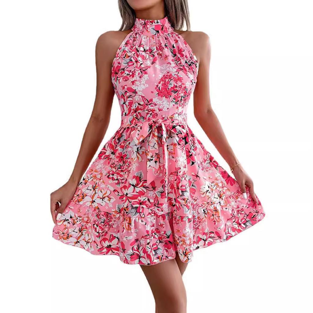 Summer New Style Temperament Lace Up Ruffle Edge Large Hem Floral Dress for Women