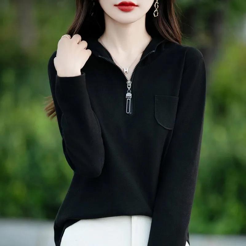 Women's Korean-Style Casual Half-Zip Hoodie Solid Color Pullover Plus velvet Long-Sleeve Hooded Sweatshirt