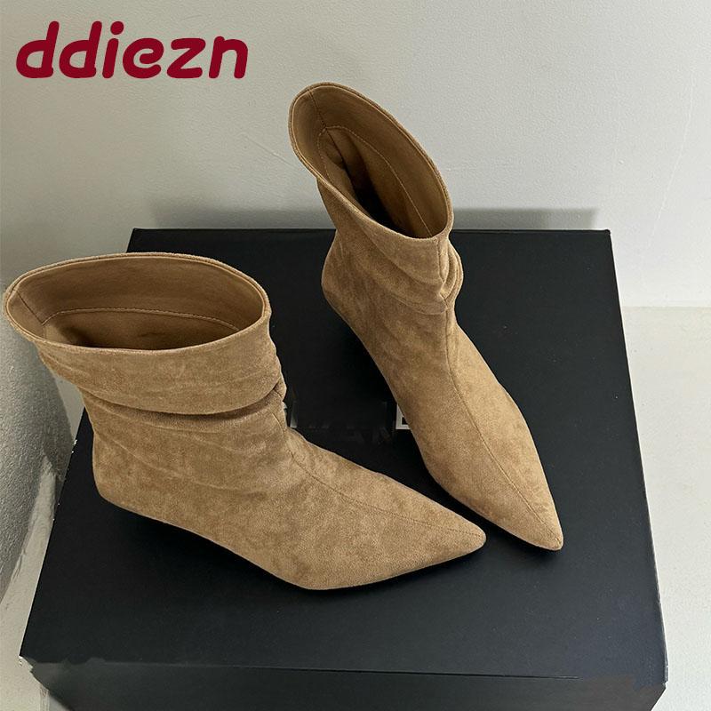 Fashion Fashion Heels Footwear Women Ankle Modern Boots Slip On Shoes Female Pointed Toe Pleated Ladies Short Boots Shoes Pumps