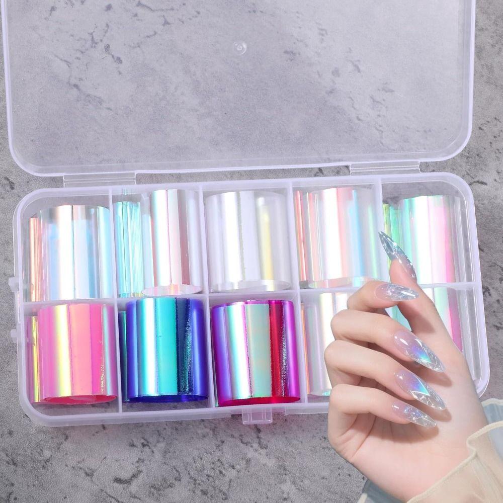Iridescent Nail Art Stickers 10 Rolls Laser Glass Nail Foils Hot Transfer Decals DIY Manicure