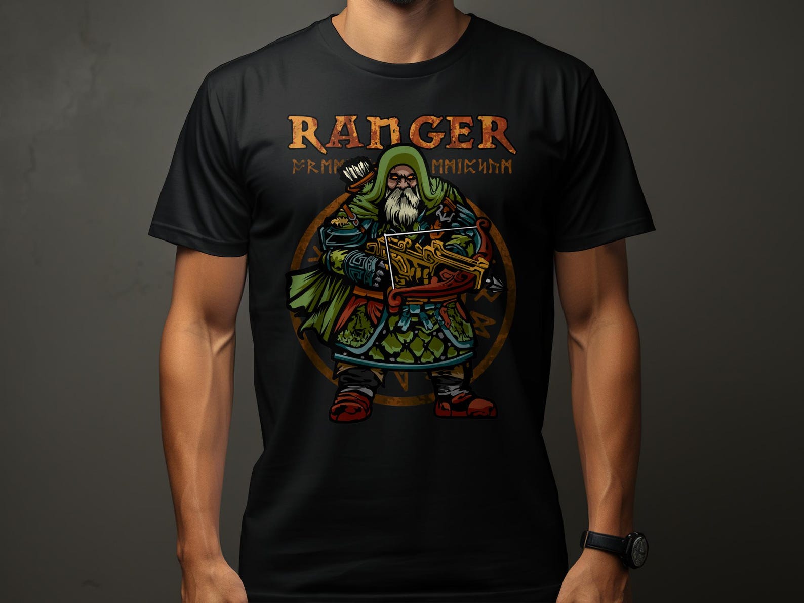 Dwarven Ranger Fantasy RPG Gamer T-shirt, Dwarf Tabletop Gaming Apparel, Roleplaying Game Gift, Fantasy Archer Graphic Tee, RPG Shirt L