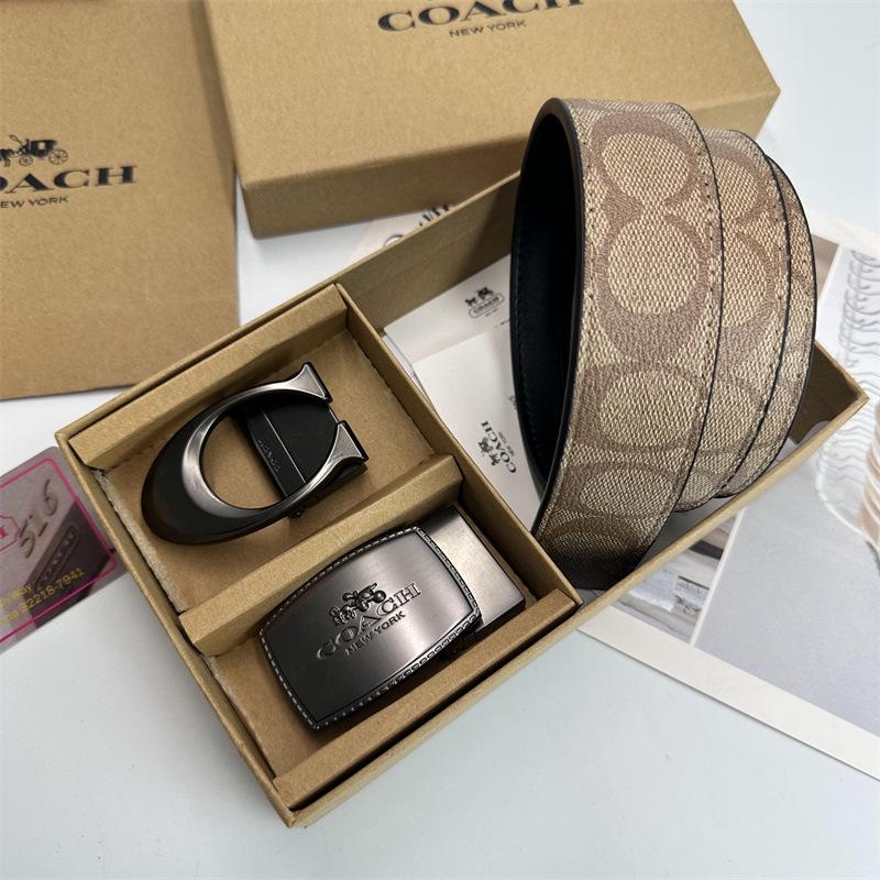 Men's Classic Double Buckle Leather Belt with C Buckle and Fabric Texture - Business Casual Trousers Accessory