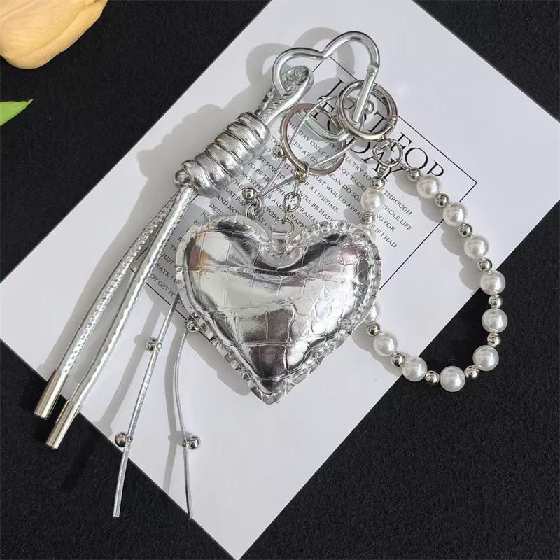

Miu Style Silver Heart Keychain with Bow and Woven Rope Bag Charm