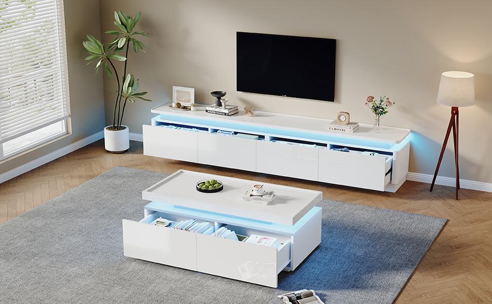 Modern, Minimalist, White High-Gloss TV Cabinet-Coffee Table Combination: with LED Lights + 4 Drawers, Suitable for 75-Inch TVs