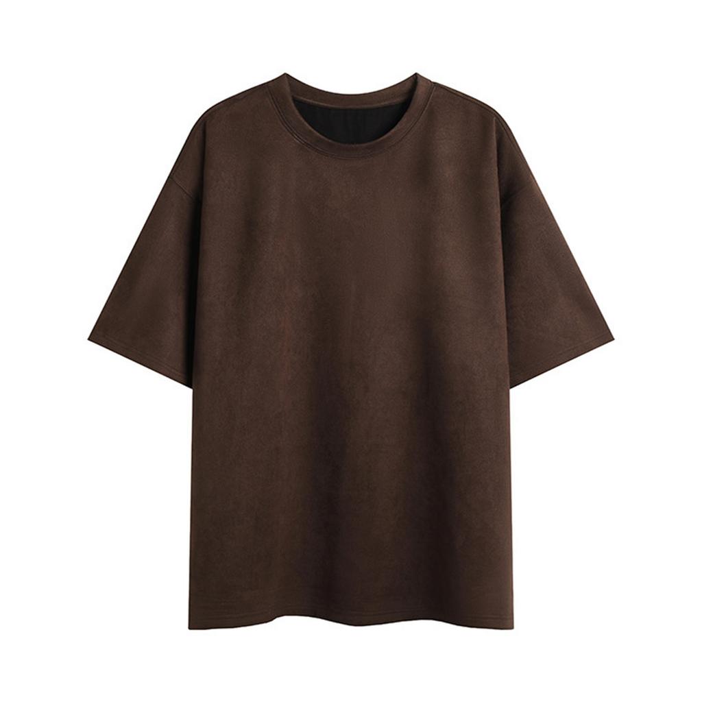 Men's Summer Trend Solid Color Suede Loose Round Neck Pullover Short-sleeved T-shirt
