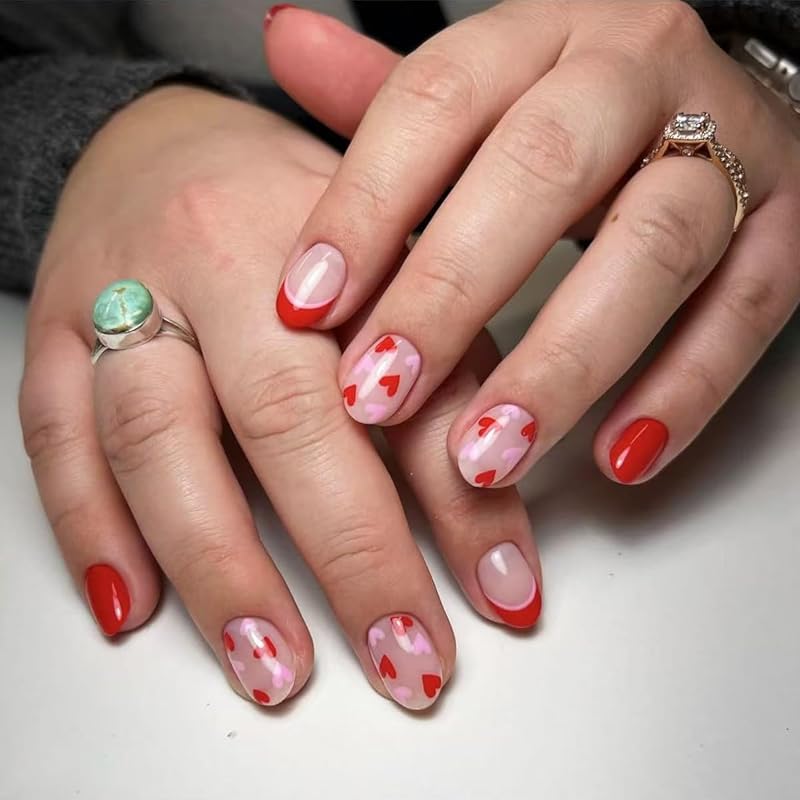 JUHUI Flower Press on Nails Short Square False Nails with Floral Design Orange Purple French Tip Nails 24Pcs