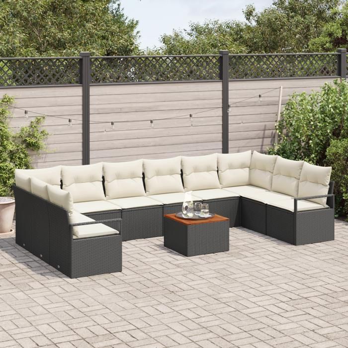 VidaXL Ensemble de canapés de jardin 11 pièces avec coussins Noir Poly Rattan Acacia 3356423