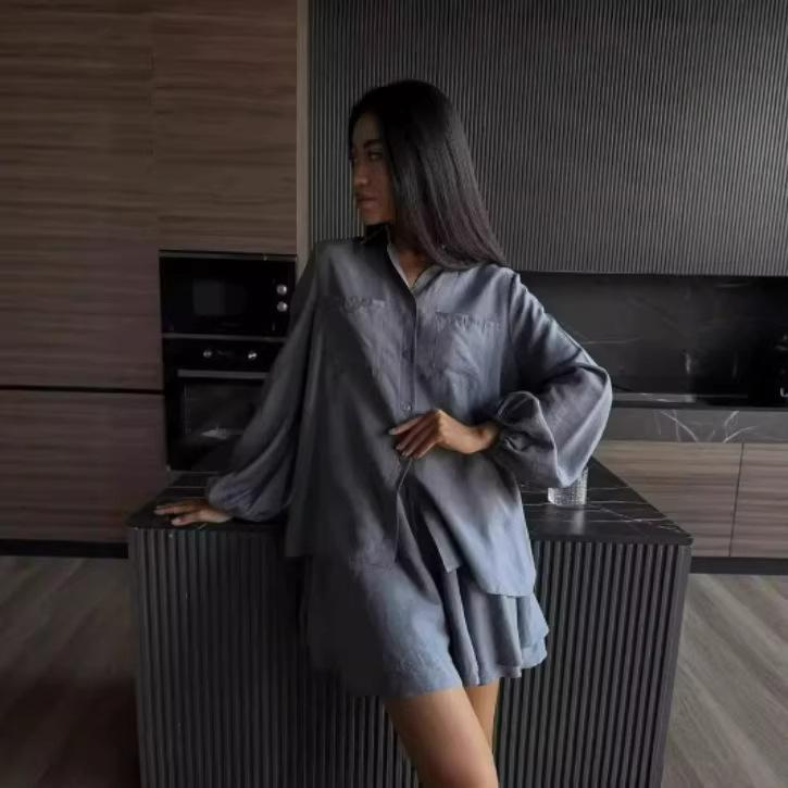 Damen Knopfleiste Puff Langarm Hemd Gerüscht Schicht-Shorts Lässiges 2-teiliges Outfit Set