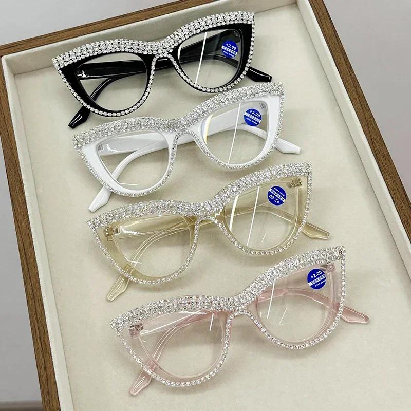 Personalisierte mit Diamanten besetzte Lesebrille Damen Retro Cat-Eye Luxus Einfache Alterssichtigkeit Brille Blaulichtfilterbrille