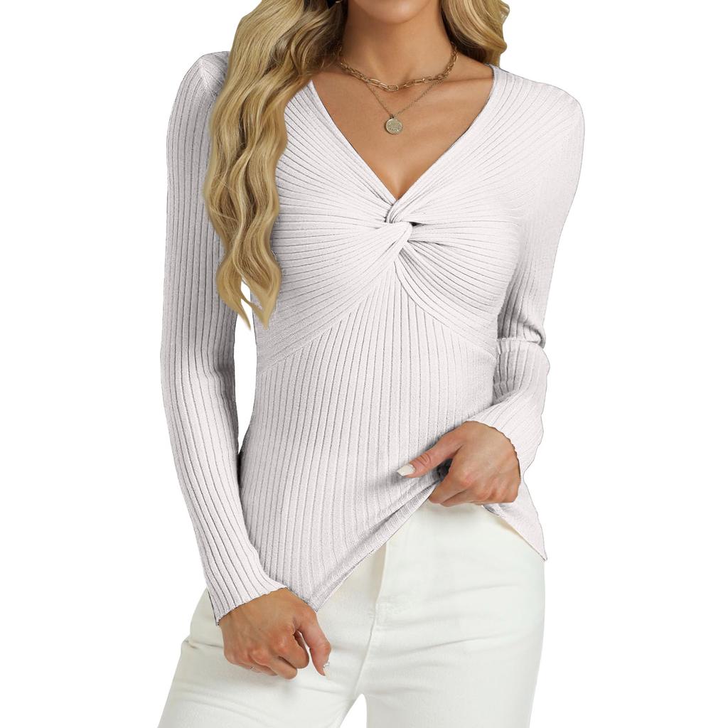 Women's Fashion Twisted V-Neck Slim T-Shirt Long Sleeve Pullover Solid Colour Top