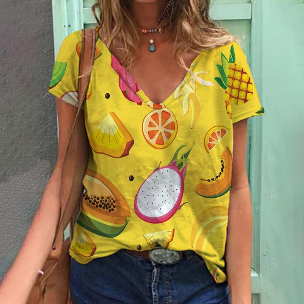 Tropical Plant Fruit 3D Printing T-shirt Summer Women's V-neck T-shirt Street Women's Clothing