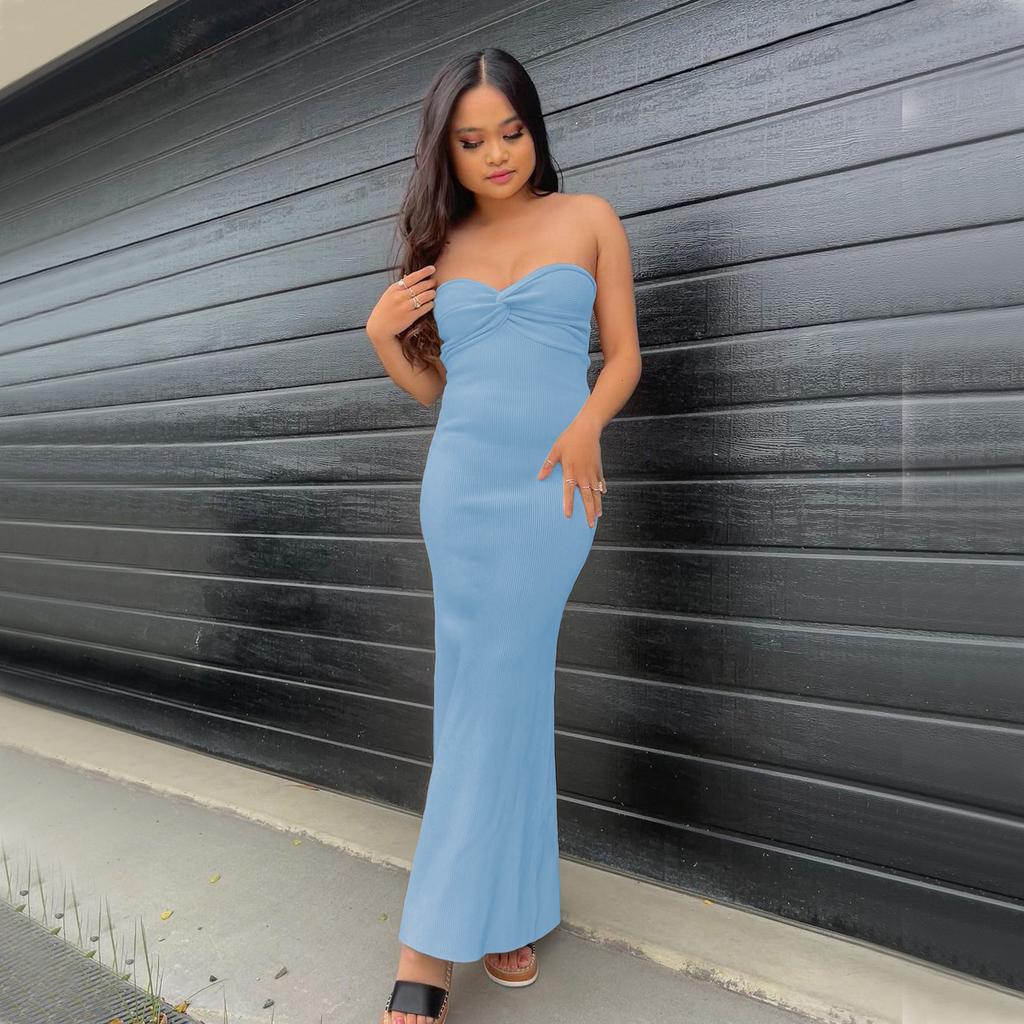 Sexy Damen-Frühlings- und Sommer-Strickkleid mit überkreuzter Schulter, modisches, sexy Wollwebkleid, ärmellos, unregelmäßig, um die Brust gewickelt, langes Kleid