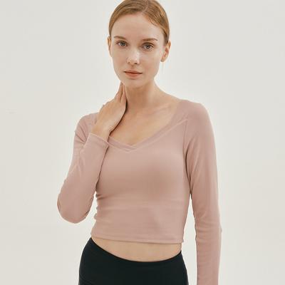 Wiosna Nowy Casualowy T-shirt Sportowy Szybkoschnący Oddychający Prążkowany Dekolt V Elastyczny Fitness Długi Rękaw Wyszczuplający Joga