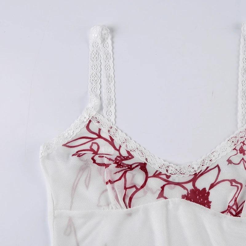 Sexy Transparent Mesh Camis Y2k Rosa Retro Blumendruck Ärmelloses Spitzenband Crop Top Frauen Casual Sommer Tees Harajuku