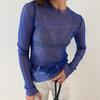 Mesh See-through Blue Round Neck Long Sleeve T-shirt - Sexy Slim Fit European & American Style Women's Summer Top