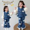 Autumn 2025 Girls' Fashion Denim Three-Piece Set: Vest, Base Shirt, for Small & Medium Kids