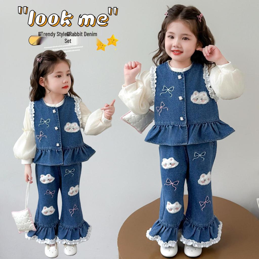Autumn 2025 Girls' Fashion Denim Three-Piece Set: Vest, Base Shirt, for Small & Medium Kids
