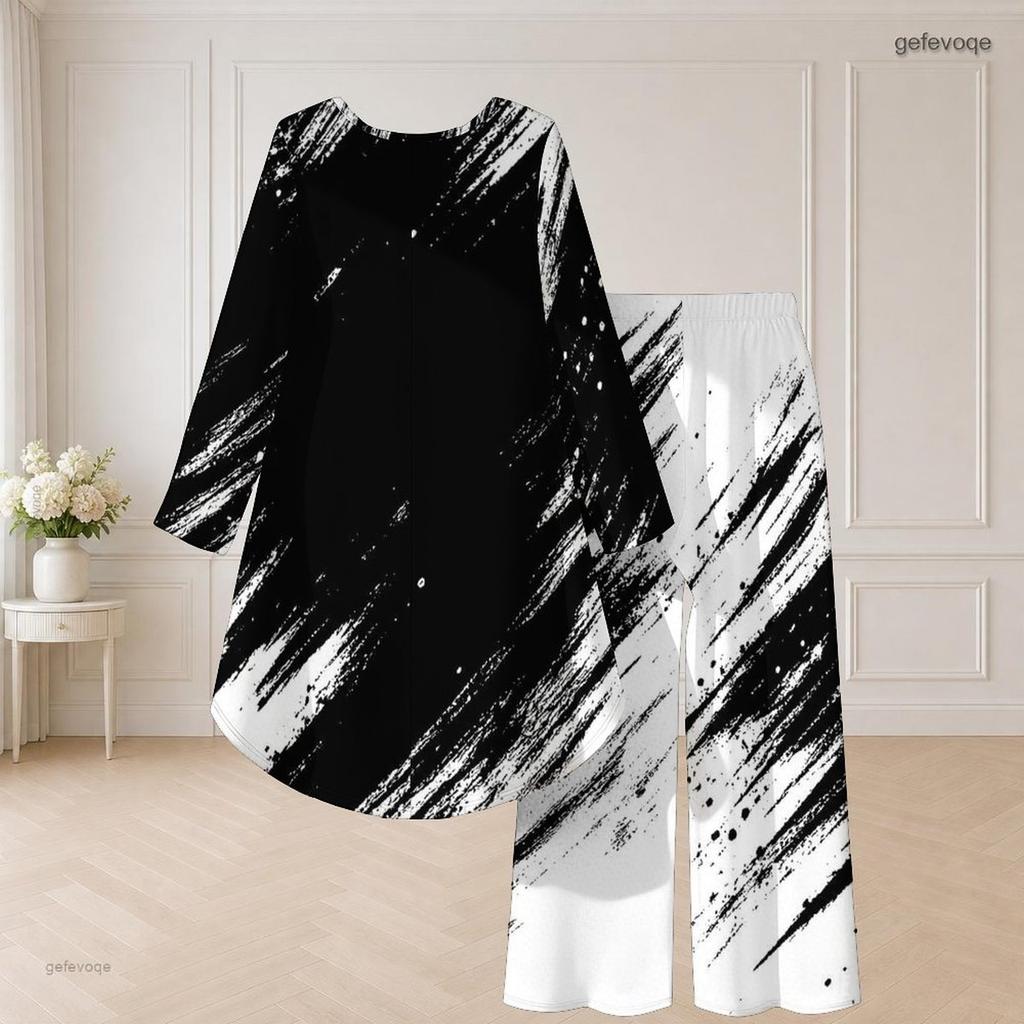 Women Plus Size Two Piece Pants Set Round Neck Long Sleeve Printed High Low Top Wide Leg Pants Black White