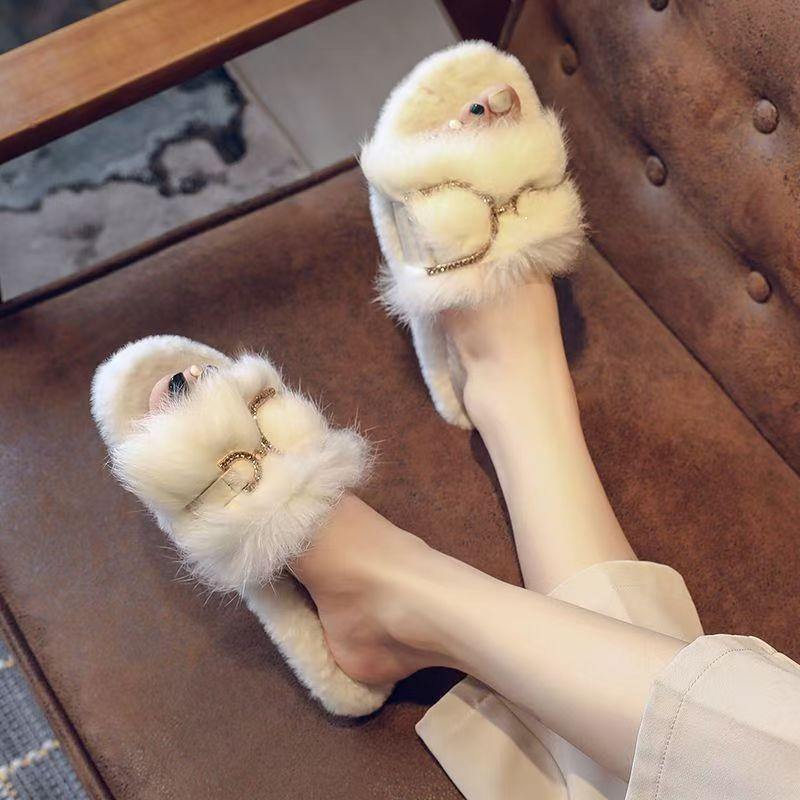 Fashion Women Slippers Fashion One Word Fluff Solid Slippers Casual Home Comfortable Cotton Shoes Women Flat Plush Warm Slides Women