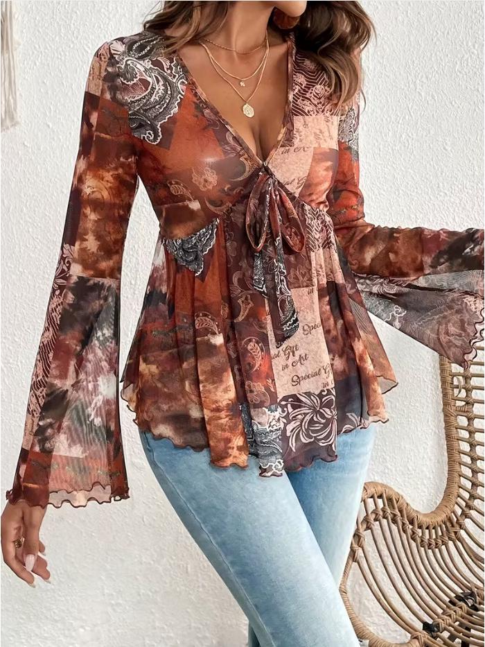 Женский топ с V-образным вырезом, сетчатый, с tie-dye, в отпускном стиле - Хит продаж в Европе и Америке Medium