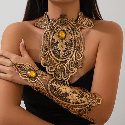 Přílišná Látková Umělecká Etnická Styl Krajkový Límec Choker Retro Květina Pavouk Drahokamový Náhrdelník Ženský