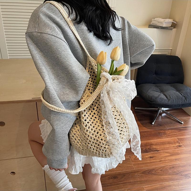Yogodlns Women Crochet Tote Bag Fashion Knitted Large Capacity Woven Shoulder Bags Solid Color Simple Shopping Bag for Summer Beach