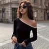 Spring New Skew Collar Long Sleeve Sexy T-shirt Women Fashion Slim Fit Off Shoulder Tops Casual Woman Tshirts Elegant Solid Street Y2K Tee Shirt 26473