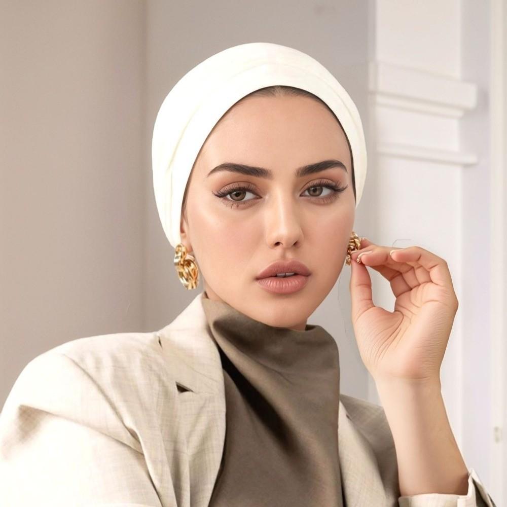 New Elastic Instant Hijab Hat Long Tail Satin Cotton Muslim Underscarf Pleated Solid Color Square Headscarf Muslim Women
