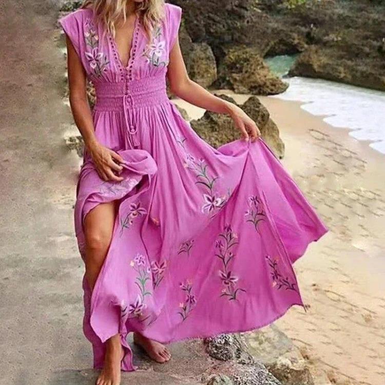 V Neck French Beach Dress European American Women Bohemian Print Skirt
