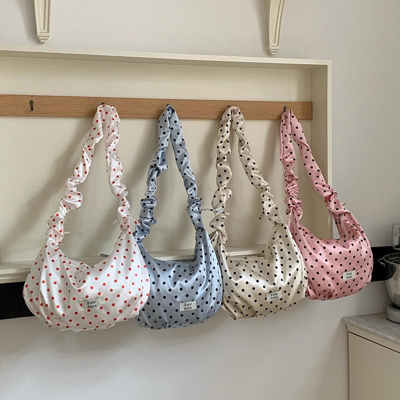 Polka Dot Satin Cloud Hobo Bag With Ruched Strap Shiny Glossy Finish Sweet Cute Style Women Date Trendy Shoulder Crossbody Bag