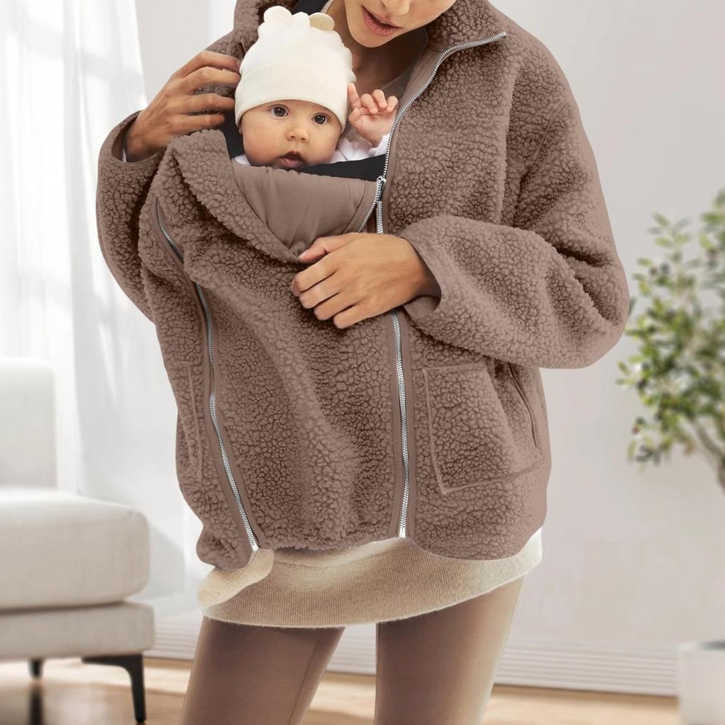 Women's Fashionable Oversized Matching Family Set: Kangaroo- Mother-and-Child One-Piece Solid-Color Shearling Coat