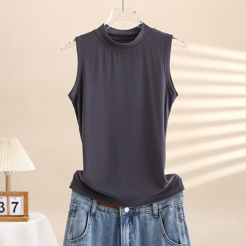 Women's Sleeveless Semi-High Neck Slim Cotton Vest - Solid Color Summer Top