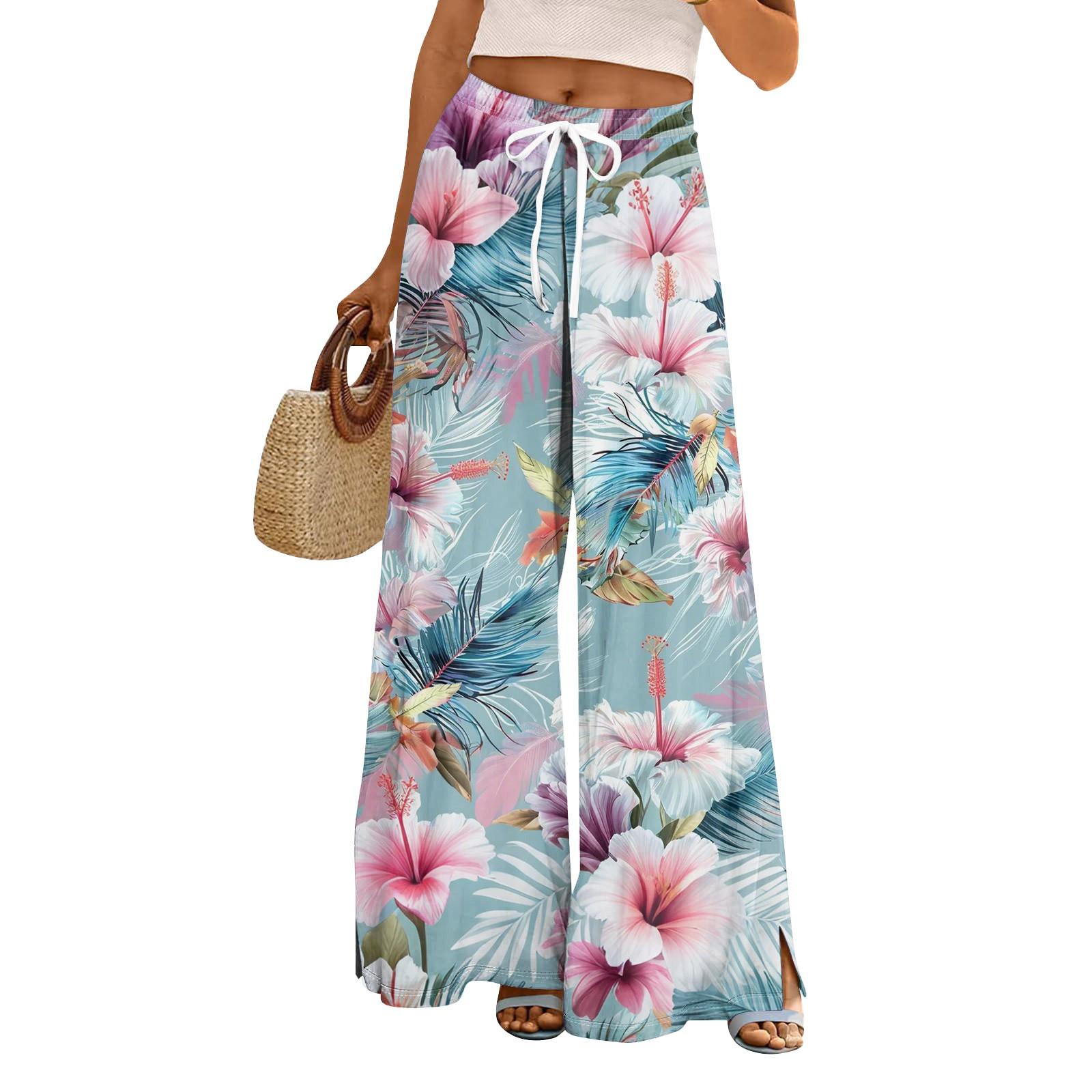 

Жіночі широкі штани вільного крою з квітковим принтом, еластичною талією на шнурку та кишенями XL