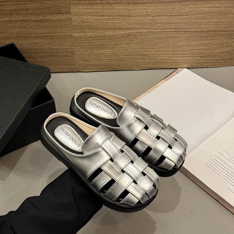 Women's Flat Bot Hollow Woven Sandals Open Toe Slip-On Summer Oes Korean Sle  Knot PU Material Rubber Sole