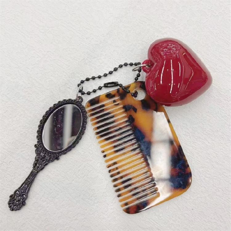Leopard Print Comb Pendant Keychain Mirror and Heart Charm Keyring Daily Use Bag Pendant Beauty Tool Unique Gift