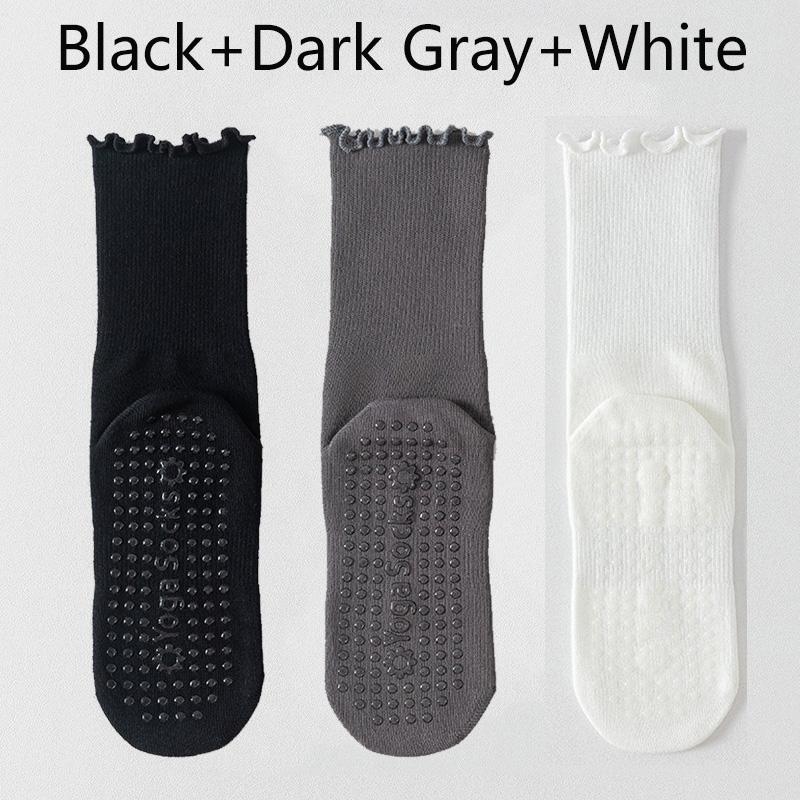 3 Pairs Solid Yoga Socks for Women Cotton Breathable Mid-calf Yoga Socks Pliates Sport Fitness Non-slip Grip Floor Socks Ruffle