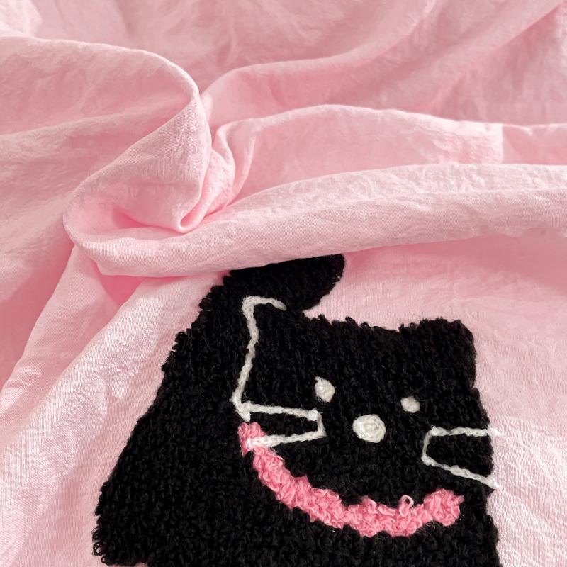 Korean Style Pink Bedding Set Black Cat Embroidery Washed Cotton  Duvet Cover Cute Cardboard  Bed linen Comforter Sets